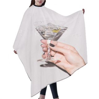 Personality  Cropped View Of Woman Shaking Glass Of Martini With Olive Near Drops Of Alcohol On White Hair Cutting Cape