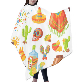 Personality  Mexico Icons Vector Illustration Traditional Graphic Travel Tequila Alcohol Fiesta Drink Ethnicity Aztec Maraca Sombrero. Hair Cutting Cape