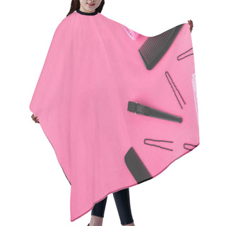 Personality  Top View Of Hairdressing Tools, Isolated On Pink Hair Cutting Cape