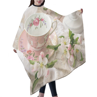 Personality  Pink Vintage Afternoon Tea Party, Tea Cup And Tender Flowers On Wooden Tray And Lacy Tablecloth Hair Cutting Cape