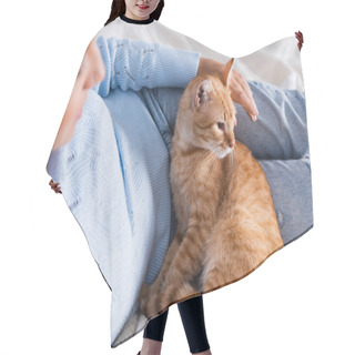Personality  Selective Focus Of Young Woman Lying Near Tabby Cat On Bed  Hair Cutting Cape