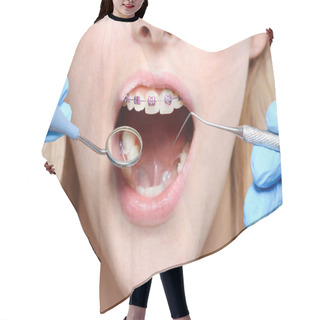 Personality  Dentist Using Mirror And Periodontal Probe Hair Cutting Cape