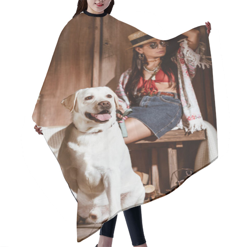 Personality  Woman In Boho Style With Dog Hair Cutting Cape