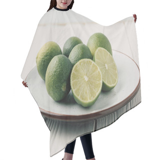 Personality  Green Limes On Plate On White Wooden Background Hair Cutting Cape