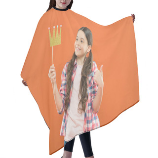 Personality  That Pride Of Hers. Cute Small Girl Holding Prop Crown With Pride On Orange Background. Adorable Little Princess Feeling Great Pride Of Crown On Stick. Pride And Joy Hair Cutting Cape