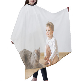 Personality  Cute Little Child In White Bodysuit And Grey British Shorthair Cat Resting On Floor At Home Hair Cutting Cape