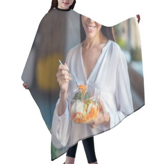 Personality  Nice Happy Fit Woman Eating Healthy Food Hair Cutting Cape