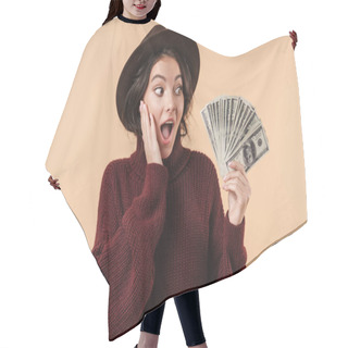 Personality  Image Of Young Surprised Emotional Brunette Woman Isolated Over Beige Wall Background Holding Money. Hair Cutting Cape