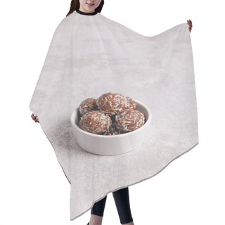 Personality  Raw Food Balls In A Bowl With Caro Hair Cutting Cape