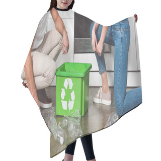 Personality  Cropped View Of Couple Standing At Kitchen With Green Recycle Box And Plastic Bottles On Floor  Hair Cutting Cape