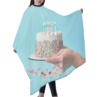 Personality  Partial View Of Woman Holding Birthday Cake With Candles On Blue Background With Confetti Hair Cutting Cape