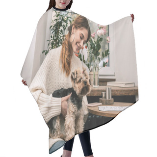 Personality  Young Woman Happily Holding Her Small Dog Hair Cutting Cape