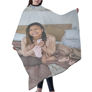 Personality  Sorrow, African American Woman Crying Near Baby Clothes On Bed, Miscarriage Concept, Depression Hair Cutting Cape