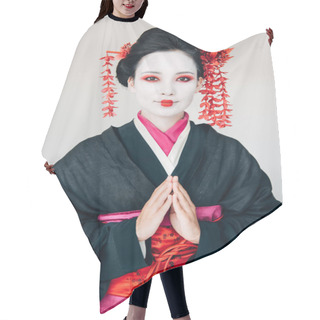 Personality  Smiling Beautiful Geisha In Black Kimono With Greeting Hands Isolated On White Hair Cutting Cape