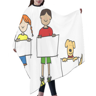 Personality  Kids And Dog Holding Empty Signs Illustration Hair Cutting Cape