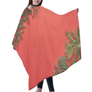 Personality  Top View Of Shiny Christmas Decoration On Green Thuja Branches On Red Background With Copy Space Hair Cutting Cape