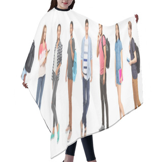 Personality  Youth Lifestyle Concept. Teenagers On White Background Hair Cutting Cape