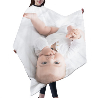 Personality  Top View Of Baby Boy Sucking Hand While Lying On Bed Hair Cutting Cape