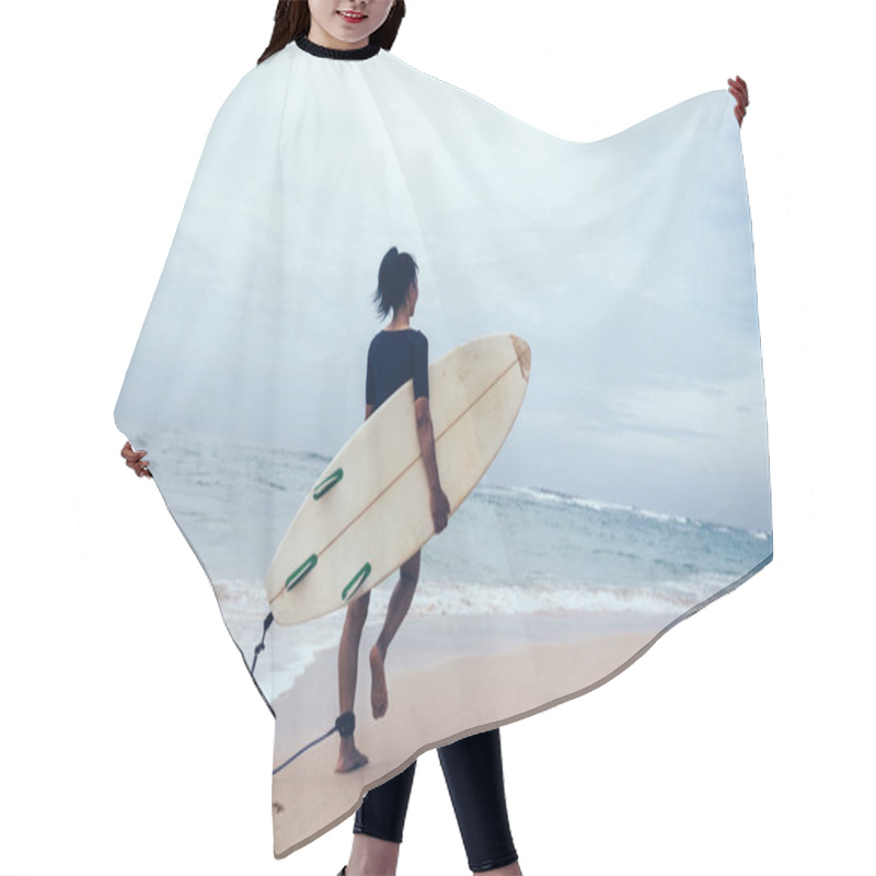 Personality  Surfer Woman With Surfboard Walking On Tropical Beach  Hair Cutting Cape