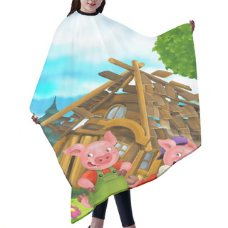 Personality  Cartoon Scene Of House Being Demolished - Pigs Running Hair Cutting Cape