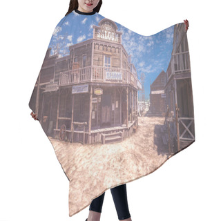Personality  Saloon And Stores In Dusty Old Wild West Frontier Town.3D Illustration. Hair Cutting Cape