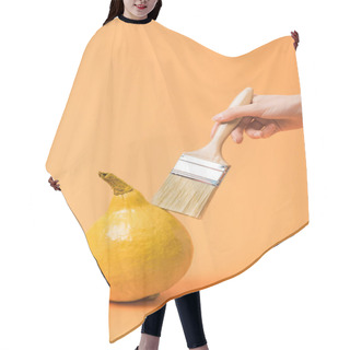 Personality  Cropped View Of Woman Holding Paintbrush Near Yellow Painted Pumpkin On Orange Background Hair Cutting Cape