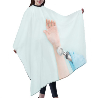 Personality  Cropped View Of Doctor Examining Hand Of Woman With Dermatoscope Isolated On Blue Hair Cutting Cape