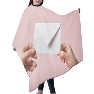 Personality  Partial View Of Woman With Tattoo And Man Holding White Envelope On Pink Background  Hair Cutting Cape