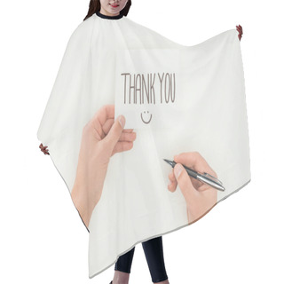 Personality  Hands Holding Thank You Lettering On White Postcard And Pen Isolated On White Background Hair Cutting Cape