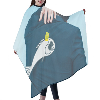 Personality  Back View Of Businessman In Suit With Paper Made Fish On Back, April Fools Day Concept Hair Cutting Cape