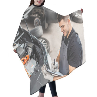 Personality  Smiling Mechanic Writing On Clipboard While Inspecting Car Engine Compartment Hair Cutting Cape