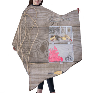 Personality  Elevated View Of Fishing Net And Plastic Box With Fishing Tackle And Hooks On Wooden Background  Hair Cutting Cape