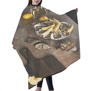 Personality  Champagne Glasses With Sparkling Wine Near Bottle, Oysters And Lemons In Bowl  Hair Cutting Cape