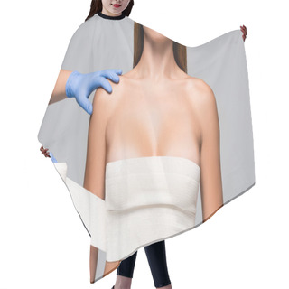 Personality  Cropped View Of Doctor In Latex Gloves Wrapping Breast Of Naked Woman With Elastic Bandage Isolated On Grey  Hair Cutting Cape