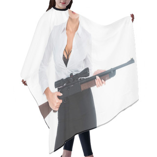 Personality  Cropped View Of Teacher In Blous With Open Neckline And Skirt Holding Rifle Isolated On White Hair Cutting Cape
