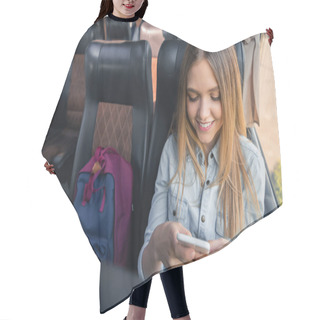 Personality  Happy Young Woman Using Smartphone While Sitting On Travel Bus  Hair Cutting Cape