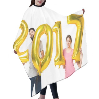Personality  Couple Holding Golden Balloons Hair Cutting Cape