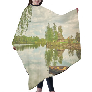 Personality  Wooden Boat On The River Against Small Island With House Hair Cutting Cape