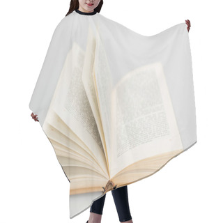 Personality  Open Book With Text On Grey Blurred Background Hair Cutting Cape