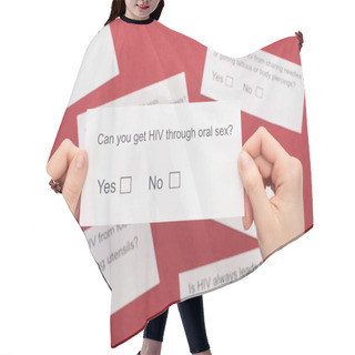 Personality  Partial View Of Woman Holding HIV Questionnaire On Red Background Hair Cutting Cape