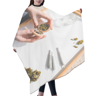 Personality  Top View Of Girl Closing Herb Grinder With Medical Cannabis In Sunlight  Hair Cutting Cape