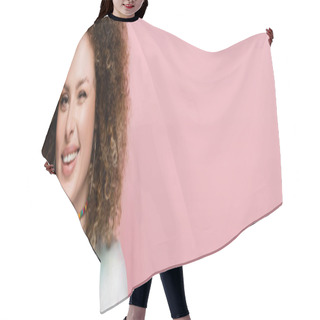 Personality  Young Woman Winking And Smiling At Camera Isolated On Pink, Banner  Hair Cutting Cape