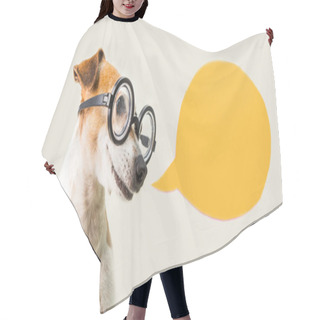 Personality  Smart Nerd Dog Jack Russell Terrier In Glasses And Speech Bubble. Gray And Orange Hair Cutting Cape