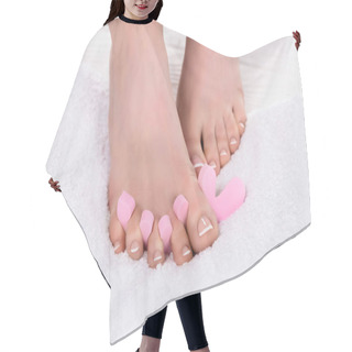 Personality  Cropped Shot Of Barefoot Woman With Toe Finger Separator On Towel In Beauty Salon  Hair Cutting Cape
