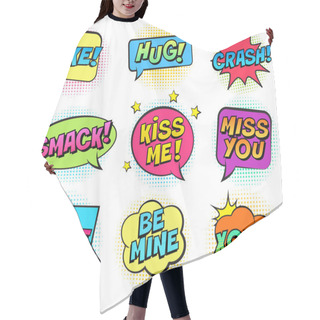 Personality  Retro Colorful Comic Speech Bubbles Set For Valentine's Day. Isolated On White Background. Expression Text KISS ME, LIKE, HUG, BE MINE, SMACK, MISS YOU, LOVE, XOXO. Vector Illustration, Pop Art Style. Hair Cutting Cape