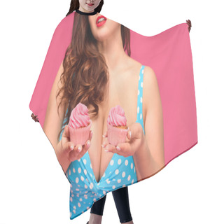 Personality  Cropped Shot Of Sexy Brunette Woman In Swimsuit Holding Delicious Cupcakes Isolated On Pink  Hair Cutting Cape