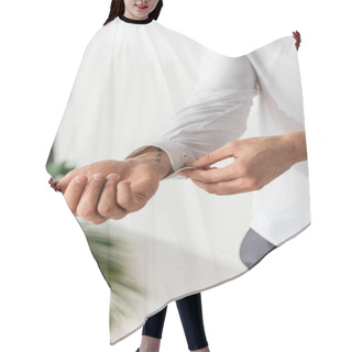 Personality  Cropped View Of Blurred Man Buttoning Shirt At Home  Hair Cutting Cape