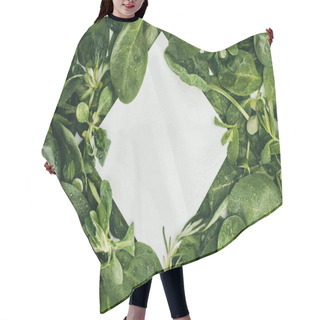 Personality  Top View Of Blank White Card And Beautiful Wet Green Leaves   Hair Cutting Cape