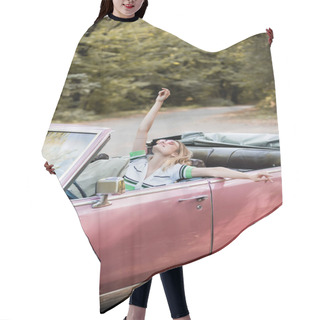 Personality  Joyful Woman Relaxing In Cabriolet While Sitting With Raised Head, Closed Eyes And Hand In Air Hair Cutting Cape