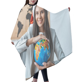 Personality  Happy Travel Agent Holding Globe And Smiling At Camera Hair Cutting Cape